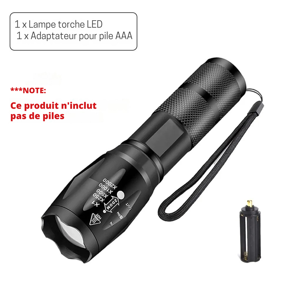 Contenu du colis : 1 lampe torche LED + 1 adaptateur pour pile AAA, sans piles incluses.