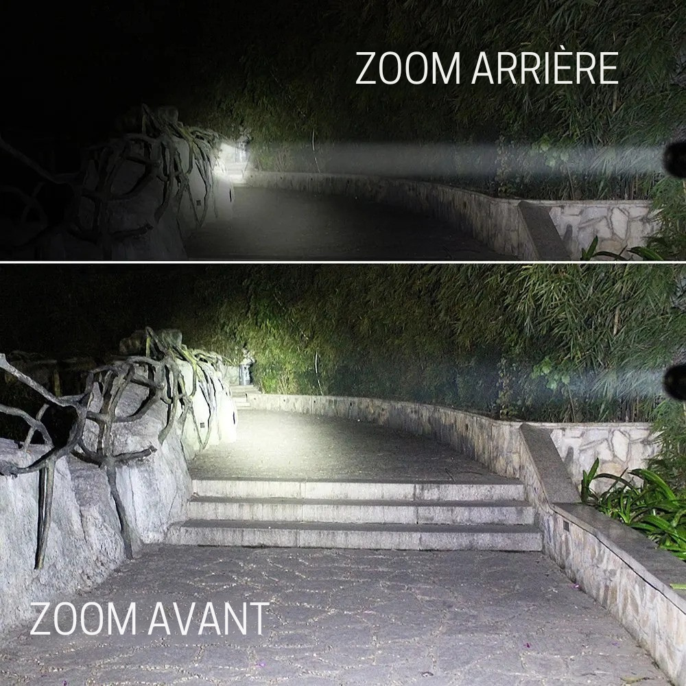 Comparaison d’éclairage de la lampe torche LED en mode zoom arrière et zoom avant dans un environnement nocturne.

