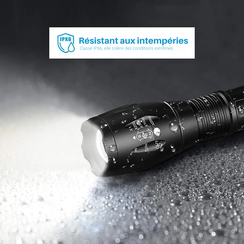 Lampe torche étanche résistante aux intempéries, certifiée IPX6, conçue pour les conditions extrêmes.