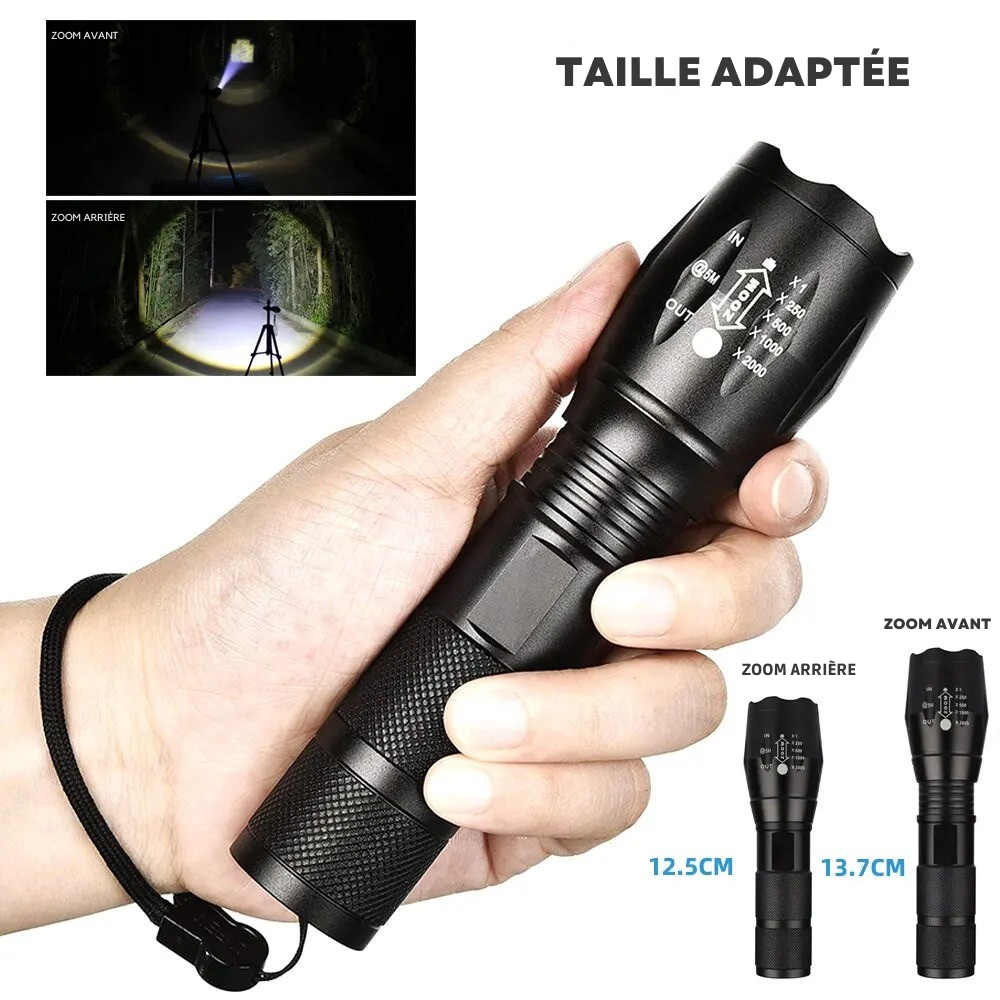 Lampe torche LED puissante tenue à la main, avec zoom avant et arrière, idéale pour la randonnée nocturne.