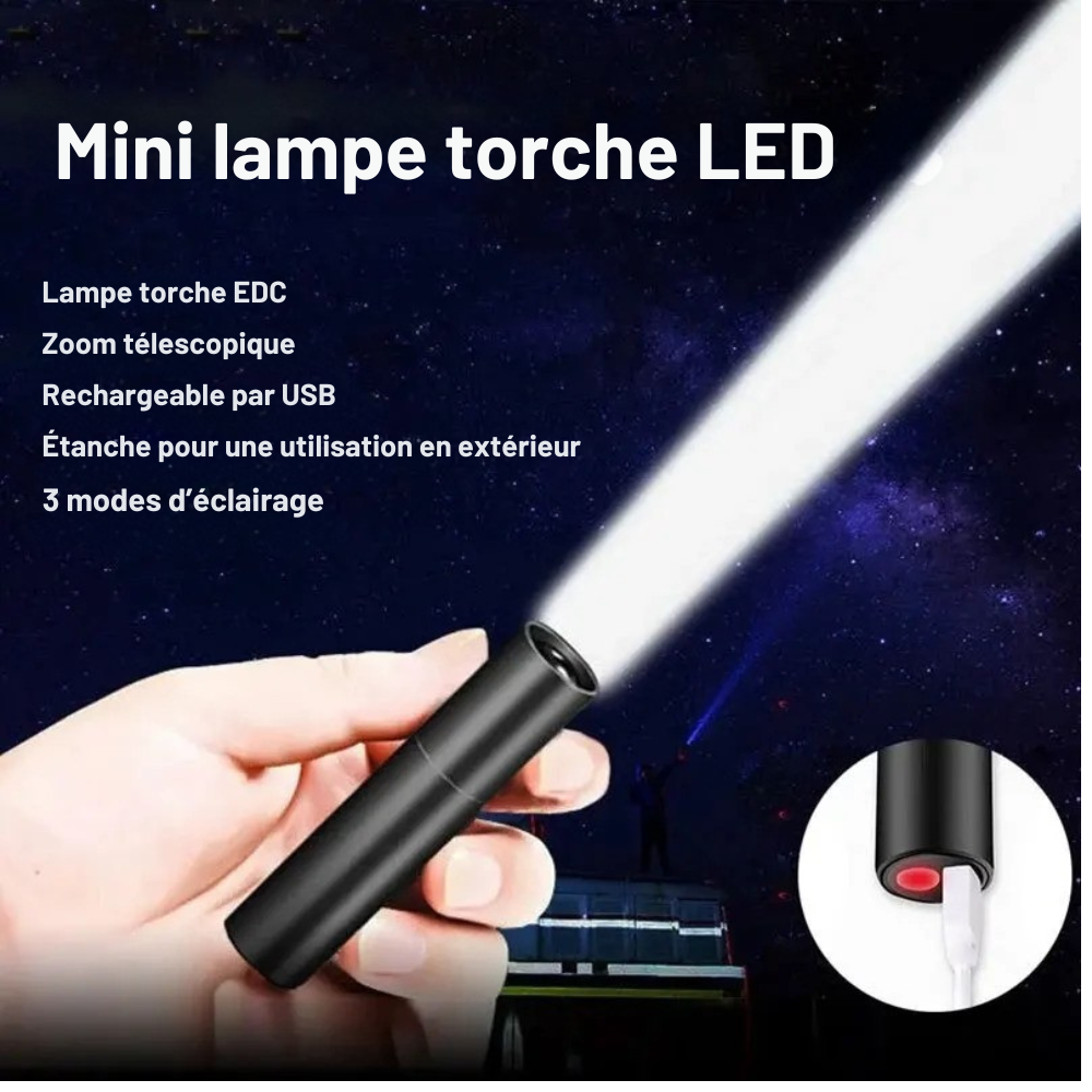 Mini lampe torche LED avec zoom télescopique et recharge USB, parfaite pour un usage extérieur.