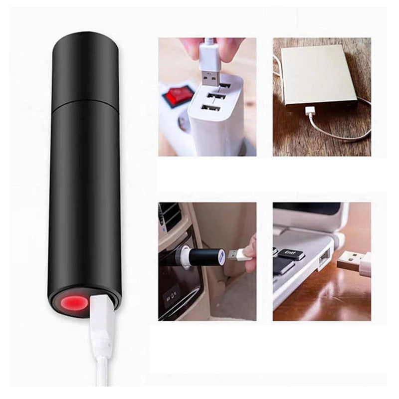 Mini lampe torche LED en recharge via USB avec différentes options : voiture, ordinateur, batterie externe.